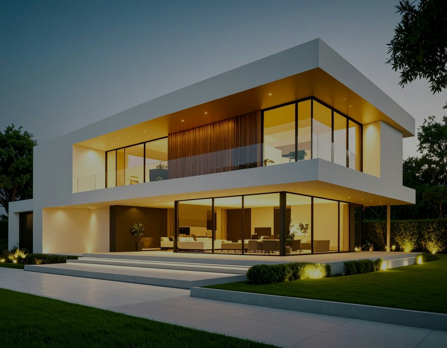 A modern family home lit up at dusk