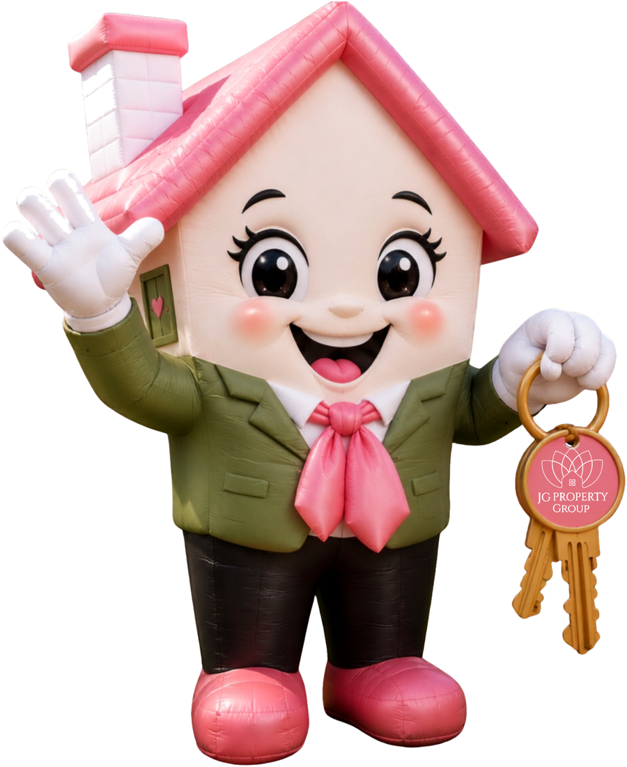 Lulu, the JG Property Group mascot, waving and holding a set of house keys