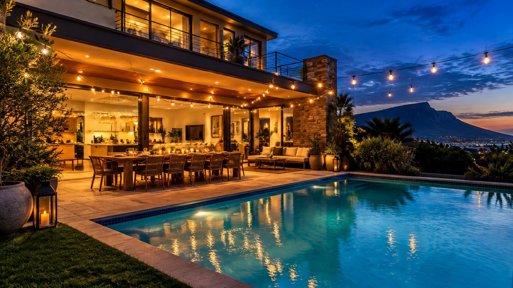 A home with a pool and string lights at dusk